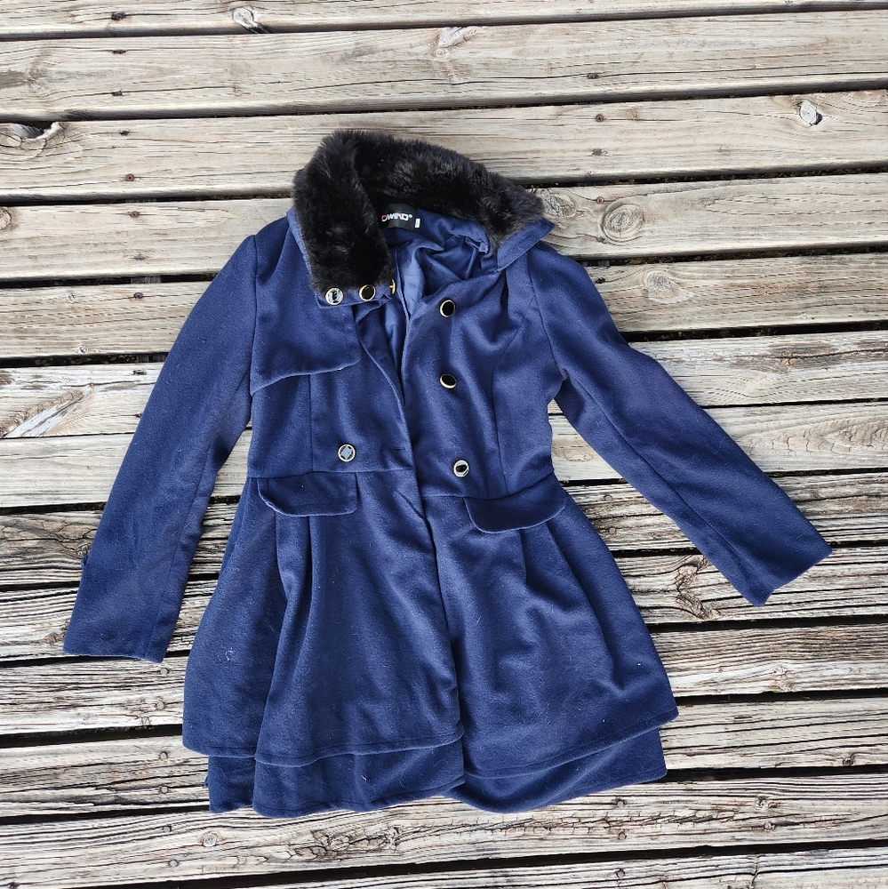 Navy Blue Black Fur Collar Peacoat Peplum Winter Fall XS Small Owind